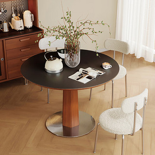 掌上明珠家居（M&Z）岩板餐桌小户型实木圆桌中古风餐厅饭桌椅组合家具 单餐桌 1.1米 圆桌