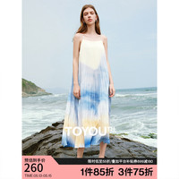 初语度假风渐变蓝色吊带裙女2024夏季新款油画宽松无袖连衣裙长裙 渐变蓝