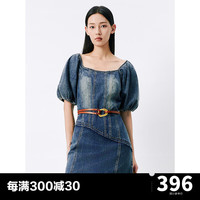太平鸟女装设计感牛仔连衣裙2024夏新款方领水洗短裙小众高级裙子 牛仔蓝