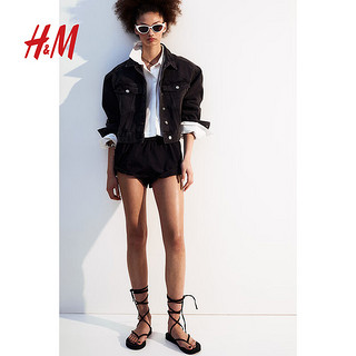 H&M女装外套2024春季女士潮流复古棉质宽松牛仔短外套1214302 黑色 165/96