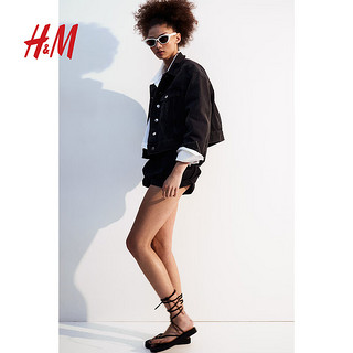 H&M女装外套2024春季女士潮流复古棉质宽松牛仔短外套1214302 黑色 165/96
