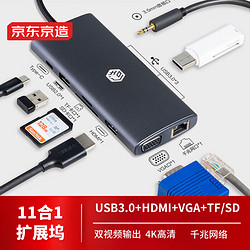 京东京造 JZHUB-C11 Type-C扩展坞HDMI+VGA双视频输出口 PD100W快充11合1多功能便携 苹果华为联想笔记本通用