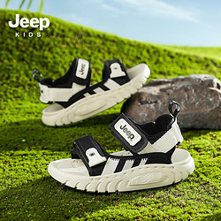 Jeep 吉普 男童涼鞋兒童運動夏款夏季中大童軟底防滑沙灘鞋 米黑35
