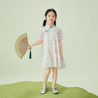 茵曼童装女童中式立领国风连衣裙2024夏季中大童轻薄透气甜美长裙 浅绿色 130cm