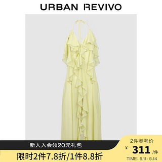 URBAN REVIVO UR2024夏季女休闲设计感荷叶边挂脖系带开襟衬衫UWV240019 黄绿 L