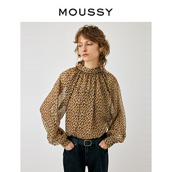 MOUSSY 摩西 春季新品豹紋微透緞帶系帶法式長袖襯衫010GAA30-7190