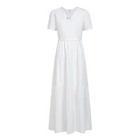 欧时力【商场同款】 弹力皱条长裙2024新款夏法式桔梗裙v领连衣裙 米