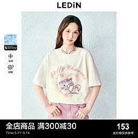 LEDIN 乐町 甜美浪漫猫咪图案字母晕染印花短袖2024夏季新款宽松大版T恤