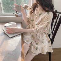 南极人(Nanjiren)轻薄泡泡纱睡衣女春夏季天短袖睡裤女士家居服甜美花边套装L