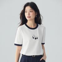 INMAN 茵曼 凉感舒适趣味熊猫绣花T恤女2024夏季时尚撞色圆领短袖上衣