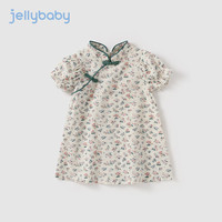 JELLYBABY旗袍女童夏1-7岁儿童裙子夏装宝宝中国风连衣裙汉服 白底粉花 110