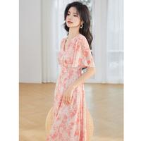LY 蓝语 大码女装微胖mm法式甜美v领收腰印花连衣裙夏季显瘦A字裙