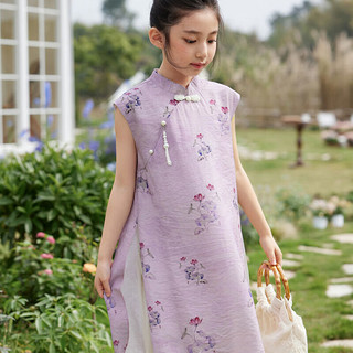 LUSON 陈大猪女童连衣裙2024夏季国风新中式旗袍裙儿童 风铃紫140