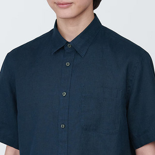无印良品（MUJI） 男式 麻 短袖衬衫 男士衬衣外套 AC9ABA4S 藏青色 L(175/100A)