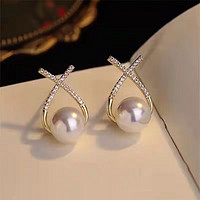 Trendolla 925銀針鑲鉆交叉珍珠耳釘高級感女韓式氣質字母X簡約法式網紅耳環