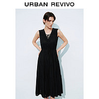 URBAN REVIVO 女士复古浪漫褶皱层叠V领系带连衣裙 UWH740058 正黑 M
