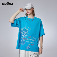 古由卡（GUUKA）潮牌休闲粉浆印花短袖T恤男夏新款 美式复古水洗纯棉上衣宽松百搭 湖蓝
