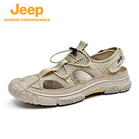 Jeep 吉普 2023年夏季戶外休閑涼鞋包頭真皮網面一腳蹬沙灘鞋涼鞋