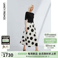朗姿复古波点气质一字肩设计感假两件连衣裙2024夏季新款针织裙子 夜幕黑色