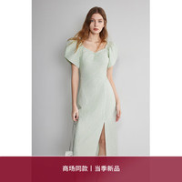 欧时力【商场同款】 方领短袖连衣裙2024春夏提花法式木耳褶礼服