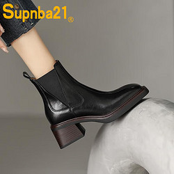 Supnba21 森馬（Senma）切尔西短靴女冬女靴真皮马丁靴烟筒靴粗跟高跟鞋 黑色单里 37