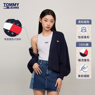 TOMMY JEANS【美式休闲】24新款春季女灯笼袖纯棉后背撞色宽松开衫18335 黑白红拼色C1G XS