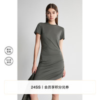 欧时力 抽褶不规则短袖连衣裙2024春夏修身透气显瘦 军绿 XS