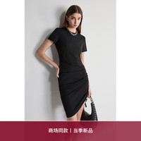 欧时力 抽褶不规则短袖连衣裙2024春夏修身透气显瘦 黑色 XS