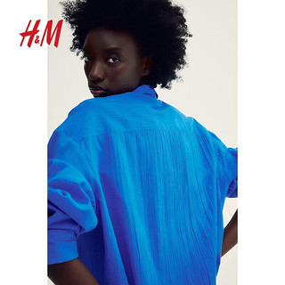 H&M女装衬衫2024夏季长袖休闲基础透气棉质大廓形衬衣1214338 亮蓝色 155/80