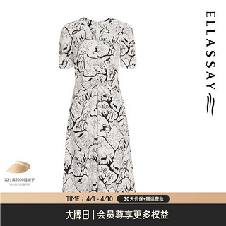 歌力思（ELLASSAY）2024夏季简约线条感碎花V领收腰A字连衣裙女EWD352Y10600 黑混搭 XS