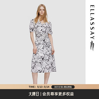 歌力思（ELLASSAY）2024夏季简约线条感碎花V领收腰A字连衣裙女EWD352Y10600 黑混搭 S