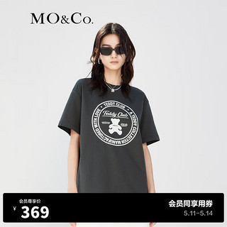 MO&Co. 摩安珂 泰迪熊徽章印花圆领短袖宽松T恤纯棉上衣上装 古堡灰色 M/165