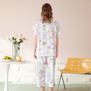 芬腾睡衣女【纯棉可外穿】2024夏季方领蕾丝花卉短袖七分裤家居服套装 梦幻紫