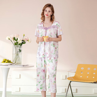 芬腾睡衣女【纯棉可外穿】2024夏季方领蕾丝花卉短袖七分裤家居服套装 梦幻紫 XXL