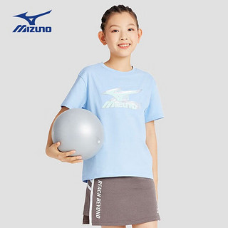 美津浓（MIZUNO）童装夏季新款短袖运动字母圆领透气上衣简约t恤 群青色 160CM（85-100斤）