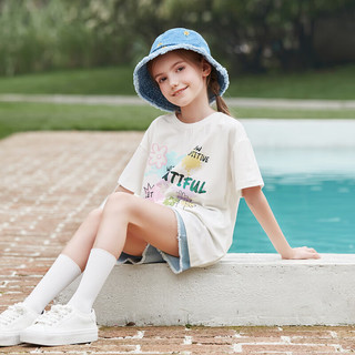 笛莎童装女童短袖T恤2024夏季新款女孩时尚潮流涂鸦字母图案圆领T恤 本白 1