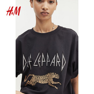 H&M女装2024夏季T恤宽松柔软圆领字母印花欧美长款短袖1002471 深灰色/Def Leppard 155/80