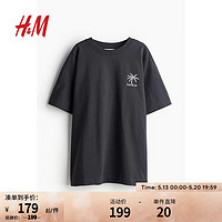 H&M女装2024夏季T恤时尚休闲大廓形字母印花短袖上衣1061299 深灰色/Playa del Rey 155/80