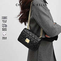 CHARLIE&KELLI CK品牌包包女包2024新款輕奢侈品牌鏈條菱格小方包單肩斜挎包 黑色