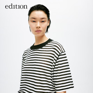 edition针织衫女2024夏帅气中性风撞色黑白条纹棉麻短袖T恤 白黑条色 L/170