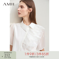 AMII2024夏新款极简翻领全棉梭织拼接轻薄微透天丝短袖直筒衬衫女 米白 1