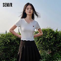 Semir 森马 短袖T恤女紧身木耳边夏新款小个子刺绣针织衫显高