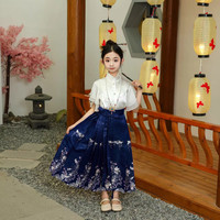 智妙屋女童马面裙中大童唐装裙公主古风洋气中国风演出服 短袖衬衣+蓝色长裙送项链 120cm
