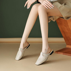 Marie Claire 嘉人 頭層牛皮低跟真皮穆勒鞋包頭2024春夏新款外穿方頭洋氣女拖鞋