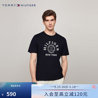 TOMMY HILFIGER24春夏男纯棉休闲学院徽章印花合身短袖T恤MW0MW36043 藏青色DW5 M （：135-150斤）