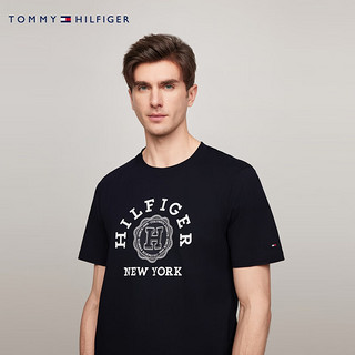 TOMMY HILFIGER24春夏男纯棉休闲学院徽章印花合身短袖T恤MW0MW36043 藏青色DW5 M （：135-150斤）