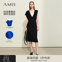 AMII 2024春通勤配腰带V领不对称针织裙连衣裙女叠穿12454001 黑色 170/92A/XL