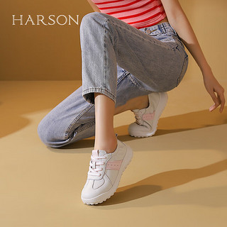 HARSON 哈森 运动休闲鞋女2024夏新百搭轻便女鞋时尚撞色小白鞋女HWC240161 米粉色 35