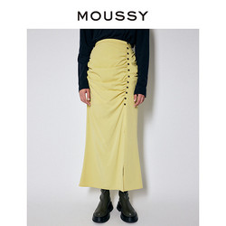 Moussy 春季新品纯色高腰抽褶开叉半身鱼尾裙女010FA230-7300