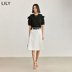 LILY 2024夏新款女裝設計感學院風通勤款高腰A字不對稱百褶半身裙